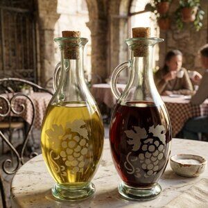 1960's Vintage Italian Etched Glass Cruets Set of 2 Grape Pattern